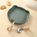 Silicone kids dinner plate set, cartoon bear baby feeding bowl and spoon tableware. - Plate With Fork And Spoon / Olive Green
