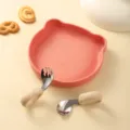 Silicone baby dinner plate set with bear shape, cute fork and spoon for infant feeding. - Plate With Fork And Spoon / Dusty Pink