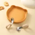 Silicone baby feeding set with cute bear shaped plate and stainless steel spoon fork. - Plate With Fork And Spoon / Sunset Yellow