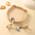 Silicone baby feeding set with cute bear plate, curved spoon and fork for toddler weaning. - Plate With Fork And Spoon / Milk Tea