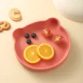 Pink silicone bear baby plate cute cartoon infant toddler food feeding tableware with fruits snacks - Plate Only / Dusty Pink