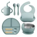 Set de vaisselle en silicone pour bébé assiette bol ventouse cuillère fourchette bavoir tasse - Emballage en sac / Bleu Brume