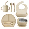 Kit de repas en silicone pour bébé avec assiette divisée, tasse, bavoir et bol. - Emballage en sac / Couleur Thé au Lait