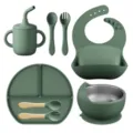 Ensemble de repas en silicone pour bébé avec assiette ventouse bol bavoir tasse cuillère. - Emballage en sac / Vert olive