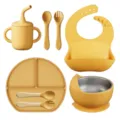 Ensemble vaisselle silicone bébé assiette ventouse bol cuillère fourchette bavoir tasse. - Emballage en sac / Jaune au Coucher du Soleil