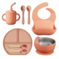 Ensemble de vaisselle en silicone pour bébé, assiette bol cuillère fourchette bavoir tasse. - Emballage en sac / Rose Poudré