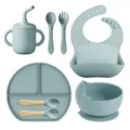 Kit repas en silicone pour bébé assiette bol tasse bavoir cuillère fourchette antidérapant - Bol Sans Récipient Intérieur En Sachet / Bleu Brume