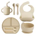 Ensemble de repas pour bébé en silicone beige, avec assiette à ventouse, bol, tasse et cuillères. - Bol Sans Récipient Intérieur En Sachet / Couleur Thé au Lait