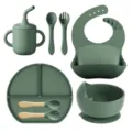 Set de vaisselle bébé en silicone vert avec assiette à ventouse, bol, tasse, bavoir et couverts. - Bol Sans Récipient Intérieur En Sachet / Vert olive