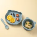 Cute blue silicone bear kids dinner set with plate, suction bowl and spoon for baby. - Plate And Bowl And Spoon / Haze Blue