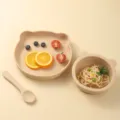 Silicone baby feeding set cute bear plate bowl spoon toddler tableware essential - Plate And Bowl And Spoon / Milk Tea