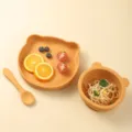 Cute Silicone Baby Bear Feeding Plate Bowl and Spoon Set Toddler Tableware Orange - Plate And Bowl And Spoon / Sunset Yellow