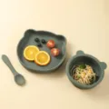 Cute bear silicone baby dinner plate bowl and spoon set for toddler feeding and food. - Plate And Bowl And Spoon / Olive Green