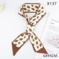 Khaki floral skinny silk scarf, stylish twilly neckerchief and versatile hair band for women. - X137 Small Flowers Red