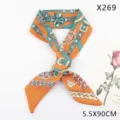 Orange silk twilly scarf with chain and belt print, versatile long ribbon hairband. - Twill Chain Feather Style (X269) / Orange