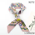 Pink silk twilly scarf with chain and belt print, versatile ribbon for hair or handbag decoration - Twill Chain Feather Style (X272) / Pink