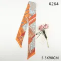 Elegant orange blue printed silk twilly scarf, perfect for hair, bag, or neck accessory. - Diagonal Ribbon (X264) / 5.5X90CM / Wheat Chain Orange