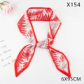 Red and white botanical print twilly scarf hair band, 6x95cm elegant ribbon for bags. - Twill Leaf Red Pointed Corner (X154)
