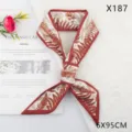 Vintage fern print long twilly silk scarf for women hair and bag ribbon 6x95cm. - Twill Leaf Brown Slant Corner (X187)