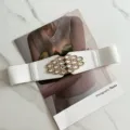 White elastic wide belt with gold rhinestone buckle, fashionable waist cinch for dresses. - White