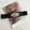 Women black elastic waist belt stretch wide dress decorative rhinestone buckle stylish accessory - Black