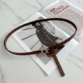 Dark brown thin leather belt detail shot showing elegant metal buckle and smooth texture. - Coffee
