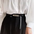 Chic women thin black leather belt with gold metal buckle, perfect stylish pants accessory. - Black