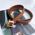 Women brown leather belt with stylish geometric rhombus gold metal buckle for daily casual wear. - Camel