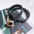 Women stylish black leather belt with unique geometric gold buckle, minimalist daily wear jeans. - Black