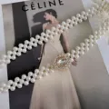 Elegant pearl waist chain with rhinestone flower buckle, elastic waist belt for dress. - Style 202 / Gold