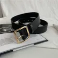 Close-up detail of the black women's leather belt with a stylish gold square metal buckle. - 105cm / Black with Square Gold Buckle