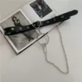 Punk style black leather belt with metal chain, eyelets and heart ring for women fashion. - Belt and Waist Chain