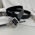Women black leather belt with silver square pin buckle, versatile fashion accessory for pants. - 105cm / Black with Square Silver Buckle