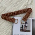 Women fashion elastic waist belt brown pu leather gathered cinch belt with metal buckle detail - Camel