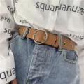 Women stylish brown leather belt with round metal buckle fashion jeans trouser accessory - Camel / 105cm