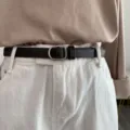Retro thin brown leather belt for women and men, elegant waist accessory with silver buckle. - 105cm / Black