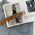 Women punk style brown leather belt with metal O-rings and hanging chain for jeans. - Camel