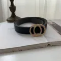 Vintage black leather belt with gold double ring buckle, versatile jeans accessory. - Black Double Round Gold Buckle
