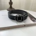 Black leather belt with double ring metal buckle retro casual jeans waist accessory - Black Double Round Gunmetal Buckle