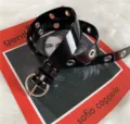 Fashion black patent leather eyelet belt with metal round buckle for women chic style - Black