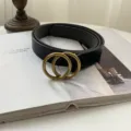 Vintage black leather belt with double interlocking brass rings for chic versatile outfits. - Black Double Round Copper Buckle