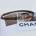 Women thin leather dress belt with chic metal chain buckle, adjustable waist strap for chic looks. - Camel