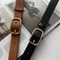 Detail view of women's fashion leather belts in brown and black with stylish metal buckles. - Camel