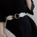 Women's stylish elastic wide waist belt featuring a gold metal ring buckle for dresses. - White