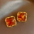 Retro brown amber square earrings with gold rim, elegant geometric stud earrings for women. - Square (2#)