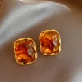 Amber brown square resin earrings with gold metallic texture frame retro style stud earrings - Rectangle Style (11#) / Silver / Gold Brown