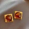 Retro geometric square stud earrings with golden frame and amber resin design for women. - Round (9#) / Silver / Gold Brown
