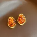 Vintage brown amber geometric earrings with gold border, chic minimalist retro ear studs. - Arc Shape (10#) / Silver / Gold Brown