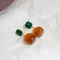 Detailed view of stylish green square and amber drop dangle earrings, elegant jewelry piece. - 14# Silver Earring Post - Coffee Geometric Square