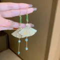 Boucles d'oreilles pendantes vintage style chinois éventail avec perles vertes élégantes - Style Éventail Pliant Doré Vert (1#)